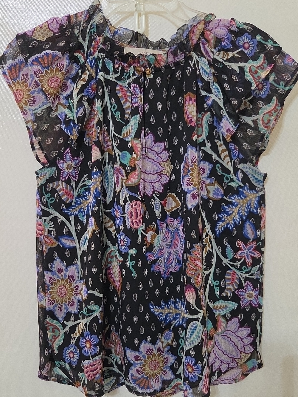 Loft Women’s Black Multicolor Floral Sheer Cap Sleeve Lined Blouse - Size Small